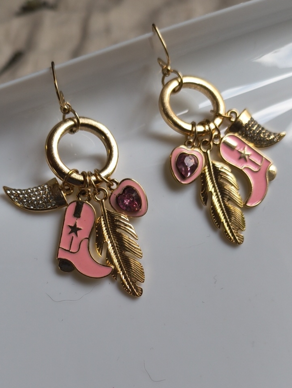 Gold-Tone Pink Cowboy Boot & Feather Charm Earrings Rodeo Western Cowgirl